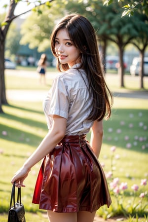 1girl, solo, long hair, looking at viewer, smile, skirt, brown hair, shirt, brown eyes, standing, white shirt, flower, outdoors, day, looking back, from behind, blurry, tree, red skirt, grass