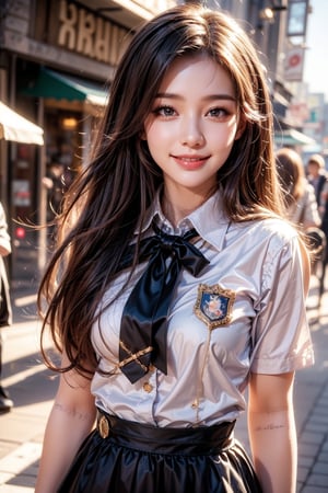 Very beautiful girl walking in city, long hair, golden hairpin, beauty, schoolgirl uniform, closed mouth, beautiful body, smiling, masterpiece, stunning image, illustration, upper body, detailed, UHD, beautiful detailed eyes, beautiful detailed, Warmly smile.,anime style