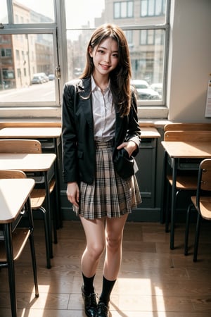 1girl, solo, long hair, looking at viewer smile, open mouth, skirt, brown hair, shirt, long sleeves, school uniform, standing, jacket, white shirt, pleated skirt, open clothes, socks, collared shirt, indoors, open jacket, lips, black jacket, parted bangs, plaid, window, chair, blazer, desk, grey skirt, realistic, classroom, school desk, school chair