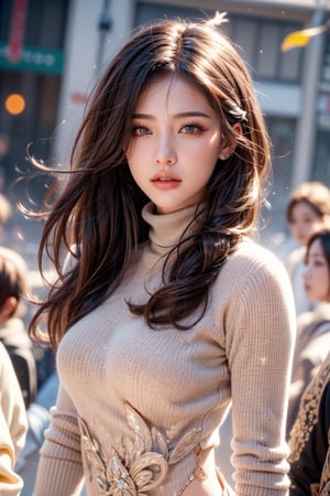  a beautiful woman with red eyes and rainbows hair, wearing a warm sweater and a stylish turtleneck. Her upper body is depicted with realistic details, showcasing the subtle charm of parted lip. The scene captures the essence of a cozy winter day, with her hair slightly messy, giving a touch of natural elegance. Generate hyper realistic image ofcinematic lights,aesthetic,1 girl, getting high while dancing,egyptian arabian,cleopetra,magical beauty,film grain,particles,beautiful,alluring,intricately detailed,skimpy