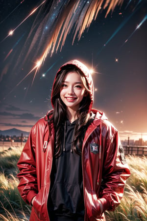 1girl, solo, long hair, looking at viewer, smile, brown hair, black hair, standing, jacket, outdoors, sky, teeth, hood, grin, hoodie, night, hood down, grass, star \(sky\), night sky, starry sky, realistic, hands in pockets, shooting star, red hoodie