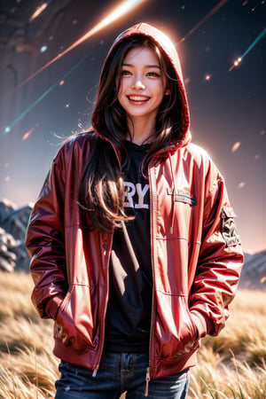 1girl, solo, long hair, looking at viewer, smile, brown hair, black hair, standing, jacket, outdoors, sky, teeth, hood, grin, hoodie, night, hood down, grass, star \(sky\), night sky, starry sky, realistic, hands in pockets, shooting star, red hoodie