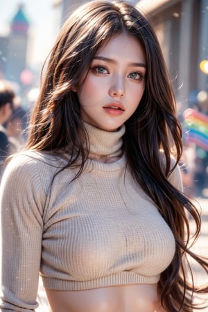  a beautiful woman with green eyes and rainbows hair, wearing a warm sweater and a stylish turtleneck. Her upper body is depicted with realistic details, showcasing the subtle charm of parted lip. The scene captures the essence of a cozy winter day, with her hair slightly messy, giving a touch of natural elegance. Generate hyper realistic image ofcinematic lights,aesthetic,1 girl, getting high while dancing,egyptian arabian,cleopetra,magical beauty,film grain,particles,beautiful,alluring,intricately detailed,skimpy