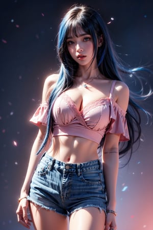 1girl, solo, long hair, breasts, looking at viewer, blush, bangs, shirt, black hair, navel, bare shoulders, medium breasts, blue hair, standing, purple eyes, collarbone, short sleeves, sidelocks, thighs, multicolored hair, cowboy shot, parted lips, shorts, midriff, hand up, off shoulder, stomach, two-tone hair, crop top, short shorts, black shorts, pink background, blue shirt, denim, blue shorts, denim shorts, colored inner hair, off-shoulder shirt, crop top overhang, micro shorts, bra strap, professional style, pretty detailed, very beautiful girl, elegant woman, masterpiece quality.,anime style