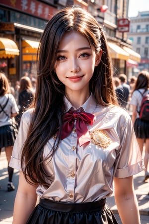 Very beautiful girl walking in city, long hair, golden hairpin, beauty, schoolgirl uniform, closed mouth, beautiful body, smiling, masterpiece, stunning image, illustration, upper body, detailed, UHD, beautiful detailed eyes, beautiful detailed, Warmly smile.,anime style