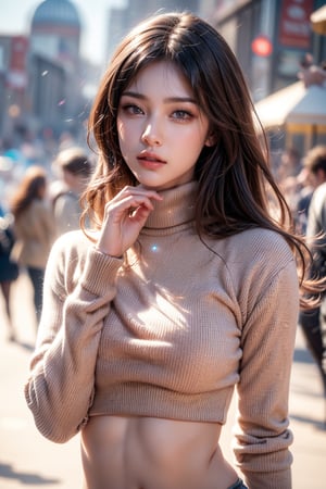  a beautiful woman with red eyes and rainbows hair, wearing a warm sweater and a stylish turtleneck. Her upper body is depicted with realistic details, showcasing the subtle charm of parted lip. The scene captures the essence of a cozy winter day, with her hair slightly messy, giving a touch of natural elegance. Generate hyper realistic image ofcinematic lights,aesthetic,1 girl, getting high while dancing,egyptian arabian,cleopetra,magical beauty,film grain,particles,beautiful,alluring,intricately detailed,skimpy