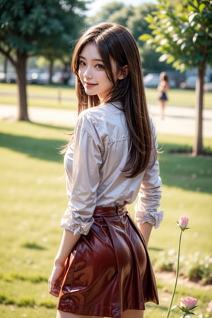 1girl, solo, long hair, looking at viewer, smile, skirt, brown hair, shirt, brown eyes, standing, white shirt, flower, outdoors, day, looking back, from behind, blurry, tree, red skirt, grass