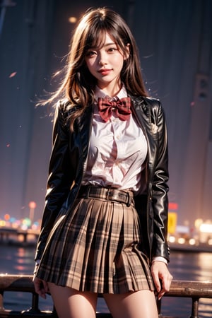 1girl, solo, looking at the audience, smiling, lips, shut up, long hair, brown hair, bangs, shirt, collared shirt, white shirt, long sleeves, bow tie, bow tie, red bow tie, red bow tie, plaid bow, school uniform, blazer, plaid, skirt, pleated skirt, plaid skirt, standing, outdoor, sky, water, blur, night, night sky, realistic.