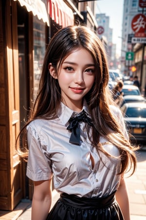 Very beautiful girl walking in city, long hair, golden hairpin, beauty, schoolgirl uniform, closed mouth, beautiful body, smiling, masterpiece, stunning image, illustration, upper body, detailed, UHD, beautiful detailed eyes, beautiful detailed, Warmly smile.,anime style