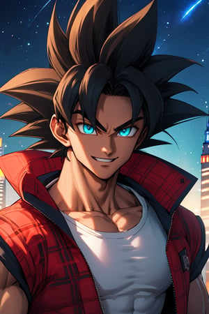 
Highly detailed.High Quality.Masterpiece. Beaitiful (close-up).

Young man of 25 years old, similar to Goku, dark skin, tall and with a great physique (muscular). His hair is dark purple, wavy, messy, short (very short). It has big and turquoise color eyes. He has a red plaid jacket with some black details, red armbands, short Black t-shirt. It's same outfit has goku. He is alone, but with a happy smile on his face enjoying a beautiful starry sky (night) in Empire state.