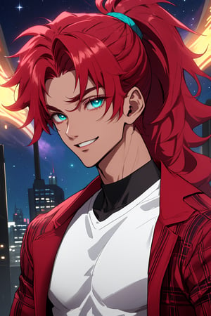 
Highly detailed.High Quality.Masterpiece. Beaitiful (close-up).

Young man of 25 years old, similar to Kusuri, dark skin, tall and with a great physique (muscular). His hair is reddis-pink (redder), wavy, messy, short (very short), and a ponytail. It has big and turquoise color eyes. He has a red plaid jacket with some black details, red armbands, short Black t-shirt. He is alone, but with a slight smile on his face enjoying a beautiful starry sky (night) in Empire state.