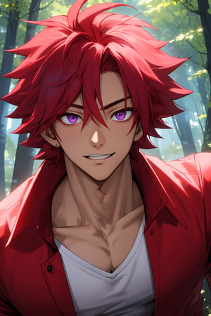 
Highly detailed.High Quality.Masterpiece. Beaitiful (mid close-up).

Young man of 20 years old, Natsu, dark skin, tall and with a great physique (muscular). Her hair is reddish pink (redder) with some blue front strands, messy, short (very short). He has big purple eyes. He has a white, blue and red shirt and black pants. He is alone, but with a slight smile on his face enjoying a beautiful starry sky in a forest full of life and with green leaves falling around him.