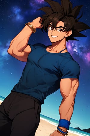 
Highly detailed.High Quality.Masterpiece. Beaitiful (mid shot).

Young man of 20 years old, brown skin, tall and with a great physique (muscular). His hair is black, curly, short (very short), and has a spiky hairstyle similar Goku's, with two strands sticking out from the back of his head. It has large eyes (well detailed) and a light brown color. He wears a short gray t-shirt, blue bracelets and black pants. He is alone, but with a happy smile on his face enjoying a beautiful starry sky on a beach.