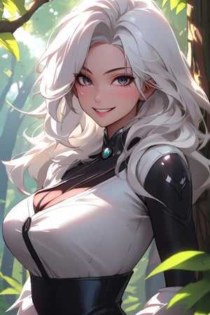 
Highly detailed.High Quality.Masterpiece. Beaitiful (mid close-up).

Young woman, 22 years old, light skin, medium height. Her hair is white, messy, waist-length and straight, with two strands sticking out of her head. He has big black eyes. Her clothes are basically like Black cat. She has huge breasts and a voluptuos figure. She is alone, but with a happy smile on her face in a forest full of life.