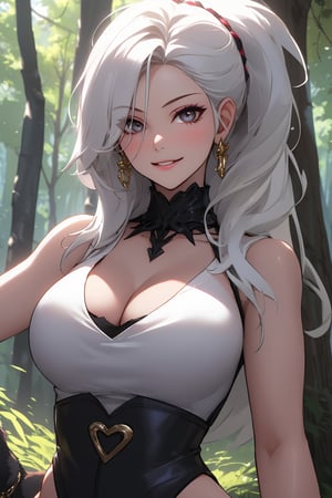 
Highly detailed.High Quality.Masterpiece. Beaitiful (mid close-up).

Young woman, 22 years old, light skin, medium height. Her hair is white, messy, waist-length and straight, with two strands sticking out of her head. He has big black eyes. Her clothes are basically like Black cat. She has huge breasts and a voluptuos figure. She is alone, but with a slight smile on her face in a forest full of life.