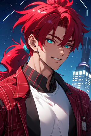 
Highly detailed.High Quality.Masterpiece. Beaitiful (close-up).

Young man of 25 years old, similar to Kusuri, dark skin, tall and with a great physique (muscular). His hair is reddis-pink (redder), wavy, messy, short (very short), and a ponytail. It has big and turquoise color eyes. He has a red plaid jacket with some black details, red armbands, short Black t-shirt. He is alone, but with a slight smile on his face enjoying a beautiful starry sky (night) in Empire state.