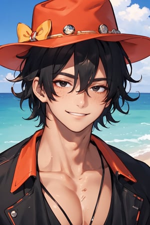 
Highly detailed.High Quality.Masterpiece. Beaitiful (close-up).

25-year-old man, tanned skin, with freckles, tall and with a great physique (very muscular). His totally black hair, curly, messy and short (very short). He has big black eyes. His clothing consists of a black sweatshirt with red stripes and an orange pirate hat. He is alone, but with a slight happy smile on a beach full of stars (it is daytime). Similar to Ace.