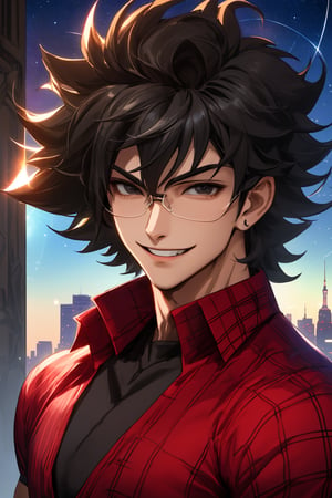 
Highly detailed.High Quality.Masterpiece. Beaitiful (close-up).

Young man of 25 years, tanned skin, tall and with a great physique (muscular). His hair is black, curly, messy, short (very short). He has large, light black eyes. He wears a red checkered shirt with some blackdetails. It's the same costume as Loki. He is alone, but with a happy smile on her face enjoying a beautiful starry sky at the Empire State.