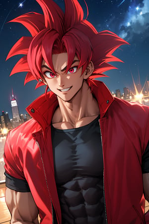 
Highly detailed.High Quality.Masterpiece. Beaitiful (close-up).

Young man of 25 years old, similar to Goku, dark skin, tall and with a great physique (muscular). His hair is reddish-pink (redder), wavy, messy, short (very short). It has big and pink color eyes. He has a red plaid jacket with some black details, red armbands, short Black t-shirt. It's same outfit has goku. He is alone, but with a happy smile on his face enjoying a beautiful starry sky (night) in Empire state.