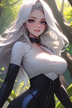 
Highly detailed.High Quality.Masterpiece. Beaitiful (mid close-up).

Young woman, 22 years old, light skin, medium height. Her hair is white, messy, waist-length and straight, with two strands sticking out of her head. He has big black eyes. Her clothes are basically like Black cat. She has huge breasts and a voluptuos figure. She is alone, but with a slight smile on her face in a forest full of life.