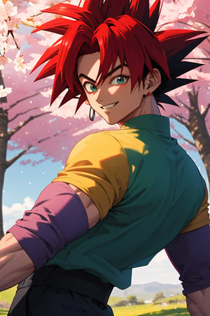 
Highly detailed.High Quality.Masterpiece. Beaitiful (mid shot).

Young man of 20 years old, dark skin, tall and with a great physique (muscular). His hair is reddish-pink (more red then pink) , curly, short, and has a spiky hairstyle (similar to Goku's, but not Goku), with two strands sticking out from the back of his head. He has large eyes (well detailed) and light turquoise color. He wears a short red shirt with some white details, white bracelets and black pants. He is alone, but with a happy smile on his face enjoying a beautiful starry sky in a cherry forest (Sakura trees).