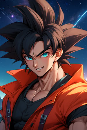 
Highly detailed.High Quality.Masterpiece. Beaitiful (close-up).

Young man of 25 years old, similar to Goku, dark skin, tall and with a great physique (muscular). His hair is violet, wavy, messy, short (very short). It has big and turquoise color eyes. He has a red plaid jacket with some black details, red armbands, short Black t-shirt. It's same outfit has goku. He is alone, but with a happy smile on his face enjoying a beautiful starry sky (night) in Empire state.