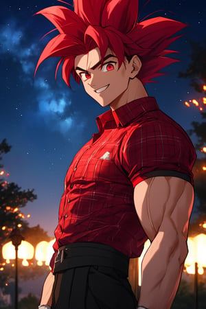 
Highly detailed.High Quality.Masterpiece. Beaitiful (mid close-up).

Young man, similar to Goku, 20 years old, dark skin, tall and with a great physique (muscular). Her hair is reddish-pink (more red than pink), short (very short), and has a spiky hairstyle, with two strands sticking out from the back of her head. He has large light red eyes. He has a red plaid shirt with some black details, white armbands and black pants. He is alone, but with a happy smile on his face enjoying a beautiful starry sky (it is daytime) in a park.