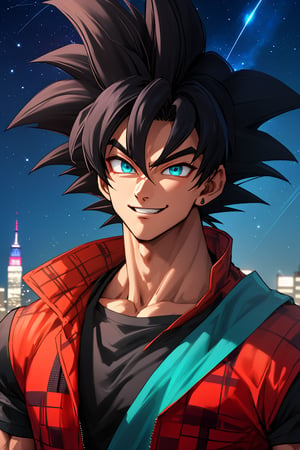 
Highly detailed.High Quality.Masterpiece. Beaitiful (close-up).

Young man of 25 years old, similar to Goku, dark skin, tall and with a great physique (muscular). His hair is dark purple, wavy, messy, short (very short). It has big and turquoise color eyes. He has a red plaid jacket with some black details, red armbands, short Black t-shirt. It's same outfit has goku. He is alone, but with a happy smile on his face enjoying a beautiful starry sky (night) in Empire state.