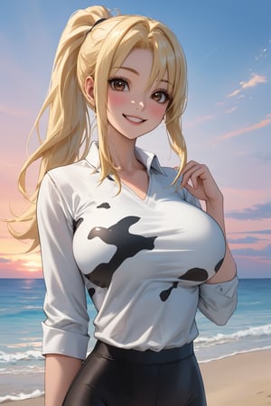 
Highly detailed.High Quality.Masterpiece. Beaitiful (mid close-up).

Young woman, 22 years old, light skin and good physical condition. Her hair is blonde and long (with a ponytail). He has large light brown eyes. It's the same outfit as Lucy (cow ears, white shirt with a cow print, and black pants). She has giant breasts (really giant), she is alone, but with a happy smile on her face enjoying a beautiful sunrise sky on a beach.