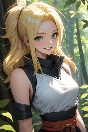 
Highly detailed.High Quality.Masterpiece. Beaitiful (mid close-up).

Young woman, 13 years old, light skin, medium height. Her hair is blonde, messy, waist-length and straight, with two strands sticking out of her head. He has big green eyes. Her clothes are basically  like a shinobi and black shorts. She is alone, but with a happy smile on her face in a forest full of life.