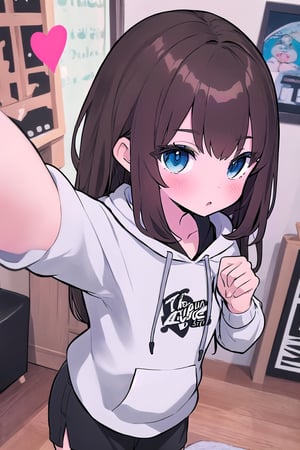 chibi, 1girl, selfie, Instagram selfie, super long and soft and silky dark brown hair, dark blue eyes, 3 foot long dark brown hair, full black drawstring hoodie, black shorts, in house, taking multiple selfies, comic strip