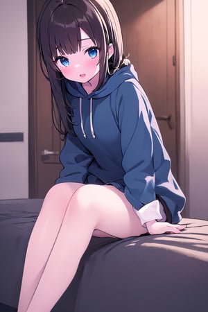 1girl, super long and soft and silky dark brown hair, dark blue eyes, full black drawstring hoodie