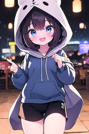 High quality, adorable, dramatic lighting, romantic lighting, 4k, 6k, 8k, HDR, HD, highest quality, UHD, 1girl, dark blue eyes, extra super super long dark brown hair, wearing all black drawstring hoodie, hood on head, black shorts, cute, cute pose, love, romance, smiling wide, happy expression, laughing