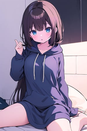 1girl, super long and soft and silky dark brown hair, dark blue eyes, full black drawstring hoodie