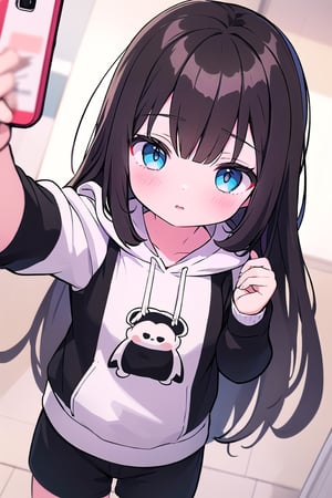 chibi, 1girl, selfie, Instagram selfie, super long and soft and silky dark brown hair, dark blue eyes, 3 foot long dark brown hair, full black drawstring hoodie, black shorts, pastelbg