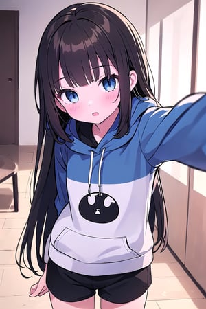 chibi, 1girl, selfie, Instagram selfie, super long and soft and silky dark brown hair, dark blue eyes, 3 foot long dark brown hair, full black drawstring hoodie, black shorts, in house