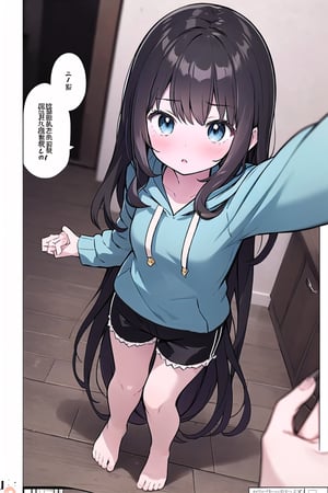 chibi, 1girl, selfie, Instagram selfie, super long hair, bushy hair, messy hair, dark chocolate color hair, dark blue eyes, 3 foot long dark brown hair, full black drawstring hoodie, black shorts, in house, different angle shots, adult,manga,comic