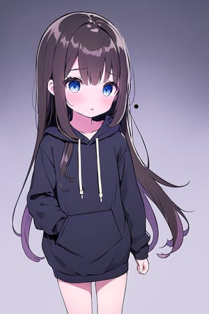 1girl, super long and soft and silky dark brown hair, dark blue eyes, full black drawstring hoodie