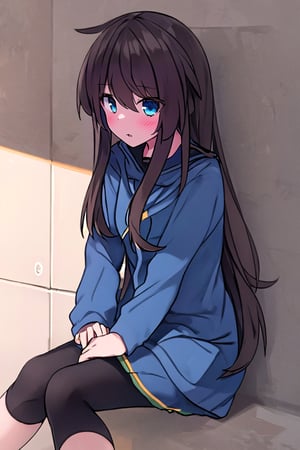 1girl, super long and soft and silky dark brown hair, dark blue eyes, full black drawstring hoodie