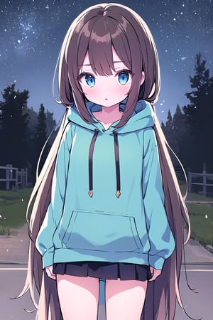 1girl, super long and soft and silky dark brown hair, dark blue eyes, full black drawstring hoodie