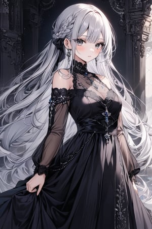 Extreme detailed, (masterful), 1girl, solo, long hair, blush, bangs, large (bow), medium breasts, very long hair, closed mouth, standing, braid, white hair, grey hair, large black bow with intricate chains, parted lips, grey eyes, long sleeves, dress, bare shoulders, jewelry, earrings, off shoulder, black dress, see-through, gem, off-shoulder dress, sheer sleeves with gem embroidery