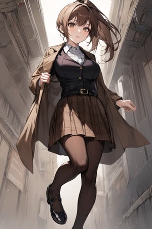 Extreme detailed, (masterful), 1girl, solo, ponytail, brown hair, black suit, brown overcoat, brown plaid skirt, brown pantyhose, mary jane shoes, plaid cap, mature face