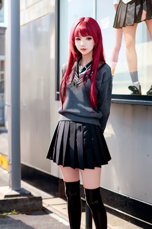 Yuki is a slightly light skinned girl with long pinkish red hair that usually has straight bangs, green eyes, a charming face and her appearance resembles a goddess and she is quite tall for a girl. High resolution, sun, park location, look at the camera, young beauty spirit, detailed face, sexy eyes and detailed look, sexy smile, (wear the school uniform
 Skirt: A black pleated knee-length skirt.
Sweater: A gray V-neck sweater.
Socks: Black knee-high socks.
Shoes: Black patent leather shoes.)