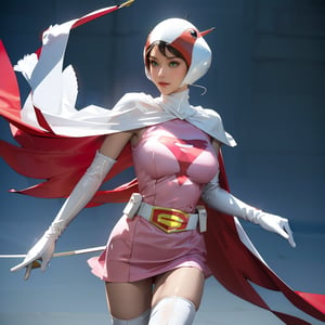 realistic photography, Best quality, Masterpiece, Ultra High Resolution, (Fidelity:1.2), (Realistic:1.37)1 American-Japanese mixed-race gir, 16 years old, Jun ,Gatchaman, 168cm((  **high  Kick,400mm shutter, 1/400,8K)), lanky, wearing a swan-head-like helmet with a transparent glass plate like a beak covered the front face,on loak with jagged shapes in the end, pink superhero-like mini skirts suit, naturally sexy, {{masterpiece}}}, {{{best quality}}}, {{{ultra-detailed}}},(masterpiece, best quality, ultra-realistic ),(( beautiful face)),short hair,breasts,green eyes,lips,medium breasts,lipstick,white legwear,pink dress,superhero,bodysuit,cape,gloves,helmet,belt,elbow gloves,white gloves,mask,mini skirt,fight scene,