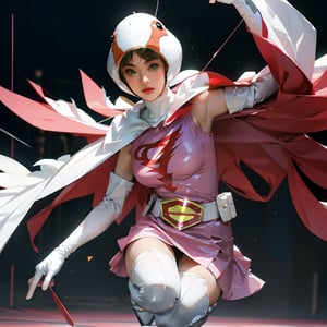 realistic photography, 1 American-Japanese mixed-race gir, 16 years old, Jun ,Gatchaman, 168cm((  **Asia squat)), lanky, wearing a swan-head-like helmet with a transparent glass plate like a beak covered the front face,on loak with jagged shapes in the end, pink superhero-like mini skirts suit, naturally sexy, mide breasts{{masterpiece}}}, {{{best quality}}}, {{{ultra-detailed}}},(masterpiece, best quality, ultra-realistic ),(( beautiful face)),short hair,breasts,green eyes,lips,lipstick,white legwear,pink dress,superhero,bodysuit,cape,gloves,helmet,belt,elbow gloves,white gloves,mask,mini skirt,fight scene