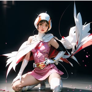 realistic photography, 1 American-Japanese mixed-race gir, 16 years old, Jun ,Gatchaman, 168cm((  **high kneeling position)), lanky, wearing a swan-head-like helmet with a transparent glass plate like a beak covered the front face,on loak with jagged shapes in the end, pink superhero-like mini skirts suit, naturally sexy, mide breasts{{masterpiece}}}, {{{best quality}}}, {{{ultra-detailed}}},(masterpiece, best quality, ultra-realistic ),(( beautiful face)),short hair,breasts,green eyes,lips,lipstick,white legwear,pink dress,superhero,bodysuit,cape,gloves,helmet,belt,elbow gloves,white gloves,mask,mini skirt,fight scene