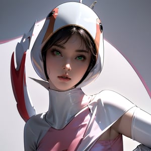 realistic photography, 1 American-Japanese mixed-race gir, 16 years old, Jun ,Gatchaman, 168cm((leg extension kick ,8K)), lanky, wearing a swan-head-like helmet with a transparent glass plate like a beak covered the front face,on loak with jagged shapes in the end, pink superhero-like mini skirts suit, naturally sexy, {{masterpiece}}}, {{{best quality}}}, {{{ultra-detailed}}},(masterpiece, best quality, ultra-realistic )((exquisite make-up face)),(( beautiful face)),short hair,breasts,green eyes,lips,medium breasts,lipstick,white legwear,pink dress,superhero,bodysuit,cape,gloves,helmet,belt,elbow gloves,white gloves,mask,mini skirt, white thigh highs, skin tight, highres,white panty,whole body,ultra detailed, horny, innocent, cute and sweet and lovable yet erotic,