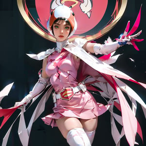 realistic photography, 1 American-Japanese mixed-race gir, 16 years old, Jun ,Gatchaman, 168cm((Jun opens arms, and wind blows Jun fly kick high ), lanky, wearing a swan-head-like helmet with a transparent glass plate like a beak covered the front face,on loak with jagged shapes in the end, pink superhero-like mini skirts suit, naturally sexy, {{masterpiece}}}, {{{best quality}}}, {{{ultra-detailed}}},(masterpiece, best quality, ultra-realistic )((exquisite make-up face)),(( beautiful face)),short hair,breasts,green eyes,lips,medium breasts,lipstick,white legwear,pink dress,superhero,bodysuit,cape,gloves,helmet,belt,elbow gloves,white gloves,mask,mini skirt, white thigh highs, skin tight, highres,white panty,whole body,ultra detailed, horny, innocent, cute and sweet and lovable yet erotic,