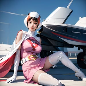 realistic photography, Best quality, Masterpiece, Ultra High Resolution, (Fidelity:1.2), (Realistic:1.37)1 American-Japanese mixed-race gir, 16 years old, Jun ,Gatchaman, 168cm((  ** leg extension kick ,400mm shutter, 1/400,8K)), lanky, wearing a swan-head-like helmet with a transparent glass plate like a beak covered the front face,on loak with jagged shapes in the end, pink superhero-like mini skirts suit, naturally sexy, {{masterpiece}}}, {{{best quality}}}, {{{ultra-detailed}}},(masterpiece, best quality, ultra-realistic ),(( beautiful face)),short hair,breasts,green eyes,lips,medium breasts,lipstick,white legwear,pink dress,superhero,bodysuit,cape,gloves,helmet,belt,elbow gloves,white gloves,mask,mini skirt,fight scene,