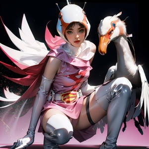 realistic photography, 1 American-Japanese mixed-race gir, 16 years old, Jun ,Gatchaman, 168cm((  **Asia squat)), lanky, wearing a swan-head-like helmet with a transparent glass plate like a beak covered the front face,on loak with jagged shapes in the end, pink superhero-like mini skirts suit, naturally sexy, mide breasts{{masterpiece}}}, {{{best quality}}}, {{{ultra-detailed}}},(masterpiece, best quality, ultra-realistic ),(( beautiful face)),short hair,breasts,green eyes,lips,lipstick,white legwear,pink dress,superhero,bodysuit,cape,gloves,helmet,belt,elbow gloves,white gloves,mask,mini skirt,fight scene